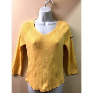 Tommy Hilfiger Womens Sweater Top M Lemon Yellow 100% Cotton Notched V-neck